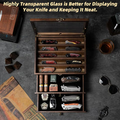 3-Layer Wooden Knife Display Case with Glass Lid & Drawers, Pocket Knife Collection Holder