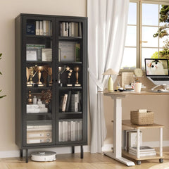 Glass Display Cabinet, Metal Curio Cabinet with Tempered Glass Doors & Adjustable Shelves, Metal Storage Cabinets for Living