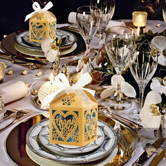 100pcs Gold Thank You Gift Boxes with Ribbons, 2x2x2.75 inch Lace Candy Boxes for Wedding Party Favors