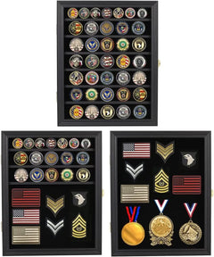Lockable Medals Display Case Wall Frame for Coins, Pins, and Collectibles - Black Shadow Box with Removable Shelves