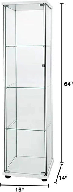 Glass Display Cabinet with 4 Shelves, 64.2"H x 16.9"L x 14.6"W, White for Collectibles