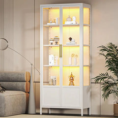 5-Tier Glass Display Cabinet with 13 Color Lights, 67” H Lighted Curio China Cabinet with 2 Glass Do& Adjustable Shelves, Tall M