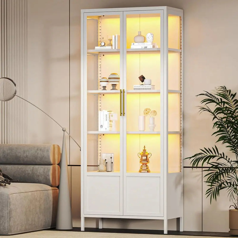 5-Tier Glass Display Cabinet with 13 Color Lights, 67” H Lighted Curio China Cabinet with 2 Glass Do& Adjustable Shelves, Tall M