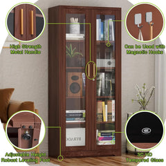 Display Cabinet with Glass Doors, Curio Cabinets with Locking Doors, Metal Storage Cabinet for Kitchen,Living Room 71” H, As