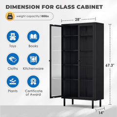 Glass Display Cabinet, Metal Curio Cabinet with Tempered Glass Doors & Adjustable Shelves, Metal Storage Cabinets for Living