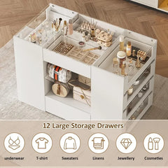 LIVAUVEAD Closet Island with Drawers, Wardrobe Armoire Bedroom Island, Glass Display Shelf & 8/10/12/16 Drawers, White Dresser