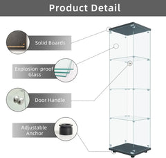 4-Tier Glass Display Cabinet with Lock, 65"x17"x14" Black, Tempered Glass Curio for Collectibles & Wine