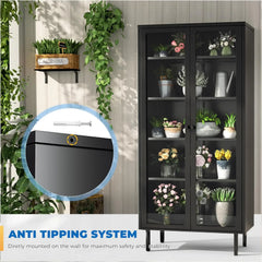 Glass Display Cabinet, Metal Curio Cabinet with Tempered Glass Doors & Adjustable Shelves, Metal Storage Cabinets for Living