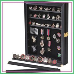 Lockable Medals Display Case Wall Frame for Coins, Pins, and Collectibles - Black Shadow Box with Removable Shelves