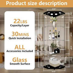 Glass Display Corner Cabinet with Light, 4 Shelves, Black Floor Standing Bookshelf, Quick Assembly