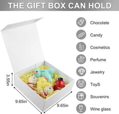 9.65x9.65x3.6 Inch Gift Box with Magnetic Lid, Collapsible, Ribbon, Card, Raffia Grass, for Birthdays, Christmas, Parties