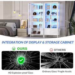 5-Tier Glass Display Cabinet with 13 Color Lights, 67” H Lighted Curio China Cabinet with 2 Glass Do& Adjustable Shelves, Tall M