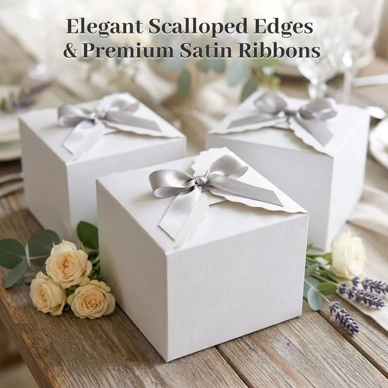 10PCS Gift Boxes with Ribbon, Small White Candy Paper Treat Boxes for Wedding Cookie Chocolates