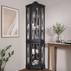 Lighted 3-Side Glass Display Curio Cabinet w/Tempered Glass Doors and Shelves, Curved Wood Corner Cabinet with Bulb, Corner S