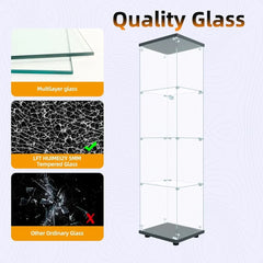 4-Tier Glass Display Cabinet with Lock, 65"x17"x14" Black, Tempered Glass Curio for Collectibles & Wine