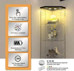 Glass Display Corner Cabinet with Light, 4 Shelves, Black Floor Standing Bookshelf, Quick Assembly