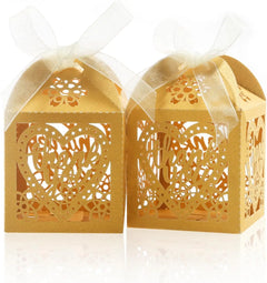 100pcs Gold Thank You Gift Boxes with Ribbons, 2x2x2.75 inch Lace Candy Boxes for Wedding Party Favors