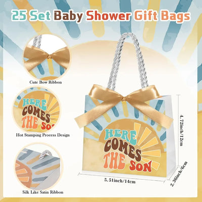 25 Sets Baby Shower Favor Bags with Handles and Bows Boho Sun Design for Party Decorations Goodie Bags