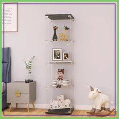 4-Tier Glass Display Cabinet with Lock, 65"x17"x14" Black, Tempered Glass Curio for Collectibles & Wine
