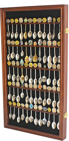 60 Slot Souvenir Spoon Display Case, Lockable Wall Cabinet with UV Protection, Walnut Finish
