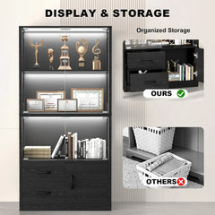 Display Cabinet with Glass Doors, 4-Tier Display Case with 3-Color Lights & Human Body Sensor, Storage Cabinets with 3 Shelve