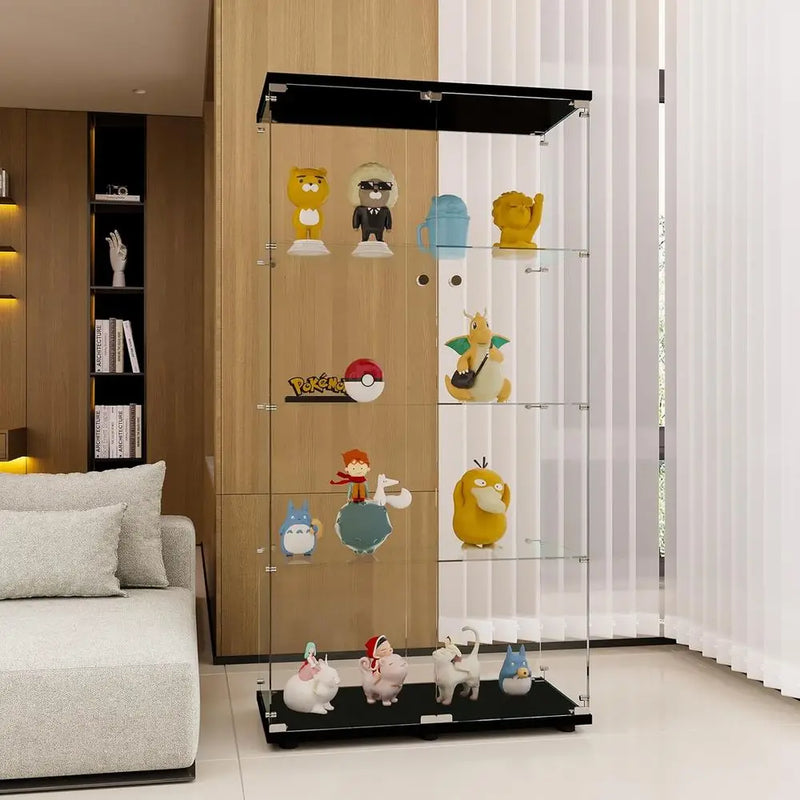 Double-Door Glass Display Cabinet, 64 High Kitchen Pantry Storage, 32x14 Bar Cabinet in Black