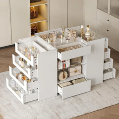 LIVAUVEAD Closet Island with Drawers, Wardrobe Armoire Bedroom Island, Glass Display Shelf & 8/10/12/16 Drawers, White Dresser