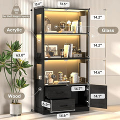 Display Cabinet with Glass Doors, 4-Tier Display Case with 3-Color Lights & Human Body Sensor, Storage Cabinets with 3 Shelve