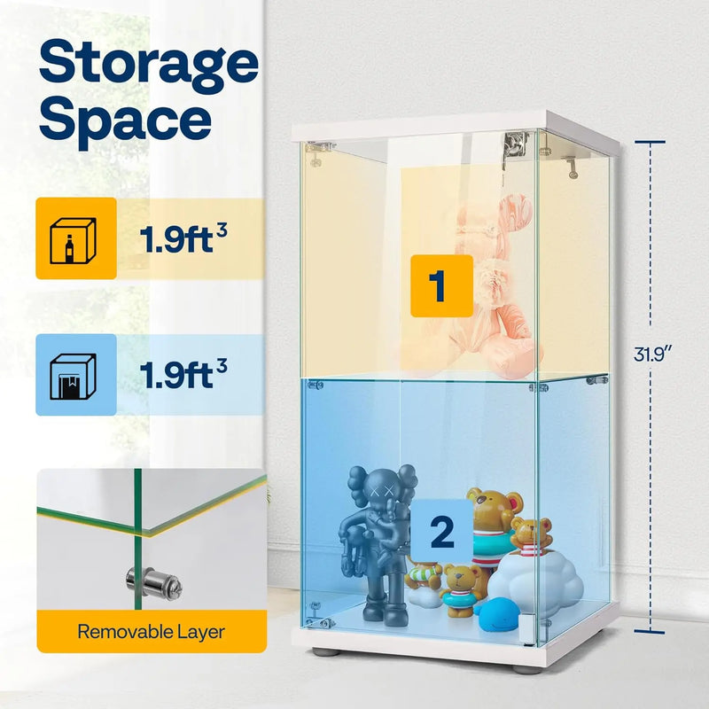 Glass Display Cabinet with Lock, 2-Tier Tempered Glass Showcase Countertop, 15.7