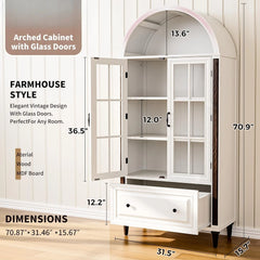 71” Handcrafted Arched Bookcase, Filing Cabinet for Home Office, Wooden Display Cabinet with Glass Doors , Customized
