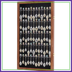 60 Slot Souvenir Spoon Display Case, Lockable Wall Cabinet with UV Protection, Walnut Finish