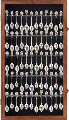 60 Slot Souvenir Spoon Display Case, Lockable Wall Cabinet with UV Protection, Walnut Finish