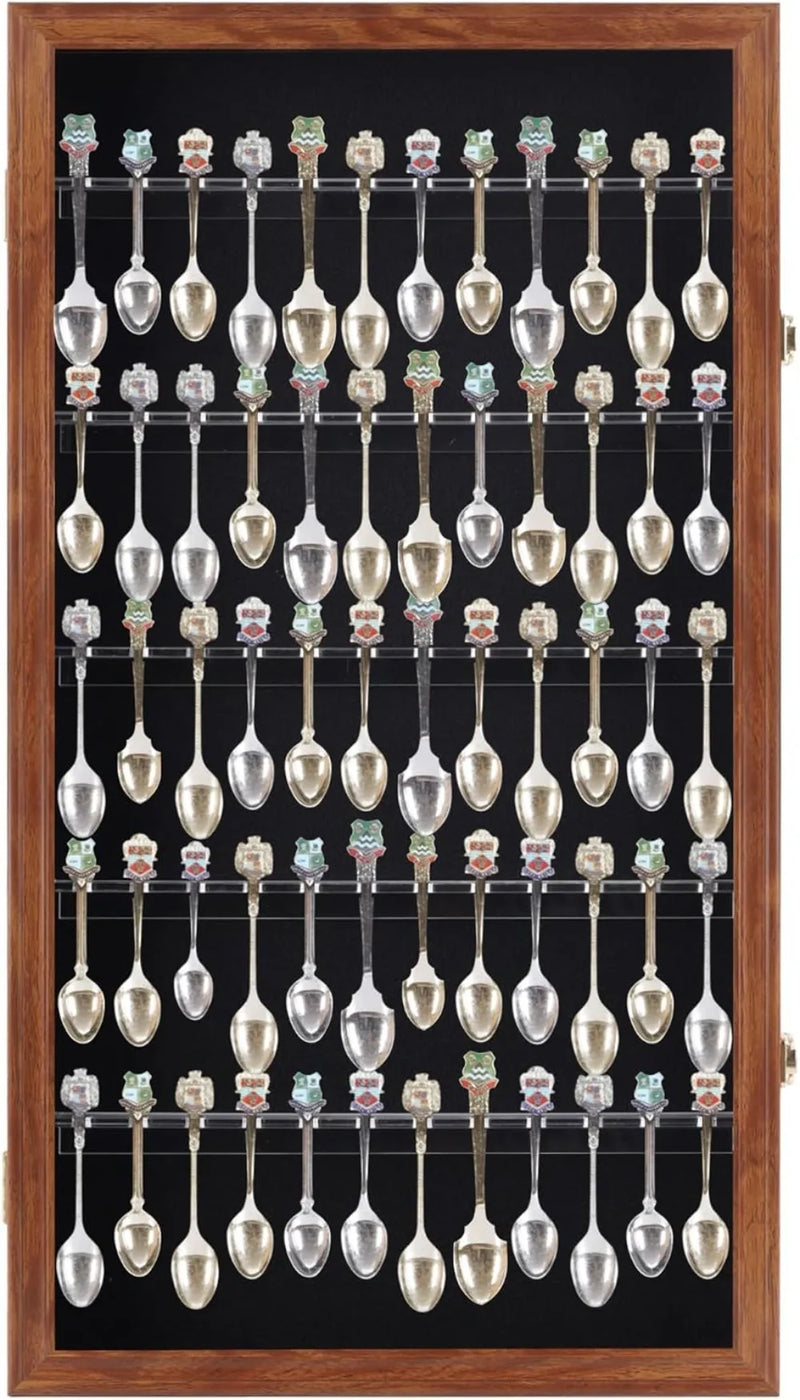 60 Slot Souvenir Spoon Display Case, Lockable Wall Cabinet with UV Protection, Walnut Finish