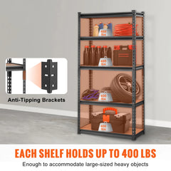 Heavy Duty 5-Tier Adjustable Metal Storage Shelving 2000 lbs, 30"x12"x60" Black Rack for Garage Kitchen Pantry Basement