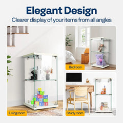 Glass Display Cabinet with Lock, 2-Tier Tempered Glass Showcase Countertop, 15.7"W x 15.7"D x 31.9"H, Sturdy MDF Base, Secure