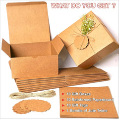 10 Pack Kraft Gift Boxes 8x8x4 Inches with Lids, Tags & Jute Twine for Wedding Favors, Bridesmaid Proposals, Cupcakes, Crafting