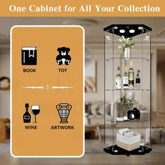 Glass Display Corner Cabinet with Light, 4 Shelves, Black Floor Standing Bookshelf, Quick Assembly