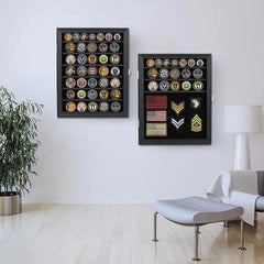 Lockable Medals Display Case Wall Frame for Coins, Pins, and Collectibles - Black Shadow Box with Removable Shelves
