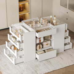 LIVAUVEAD Closet Island with Drawers, Wardrobe Armoire Bedroom Island, Glass Display Shelf & 8/10/12/16 Drawers, White Dresser