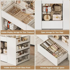 LIVAUVEAD Closet Island with Drawers, Wardrobe Armoire Bedroom Island, Glass Display Shelf & 8/10/12/16 Drawers, White Dresser