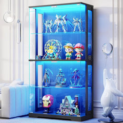 Display Cabinet with Glass Doors, 4-Tier Curio Cabinet with Transparent Full-Display Surface, 65" Glass Display Case with 3 C