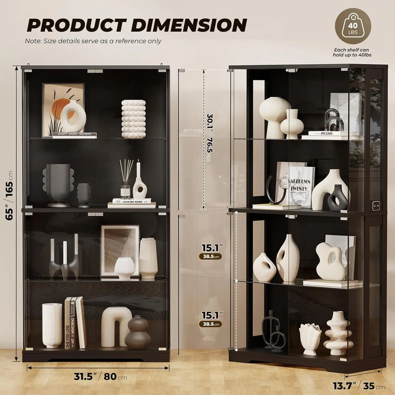 Display Cabinet with Glass Doors, 4-Tier Curio Cabinet with Transparent Full-Display Surface, 65