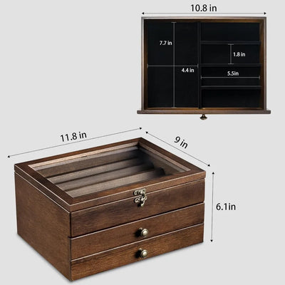 3-Layer Wooden Knife Display Case with Glass Lid & Drawers, Pocket Knife Collection Holder