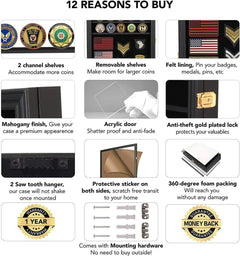 Lockable Medals Display Case Wall Frame for Coins, Pins, and Collectibles - Black Shadow Box with Removable Shelves
