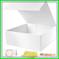 9.65x9.65x3.6 Inch Gift Box with Magnetic Lid, Collapsible, Ribbon, Card, Raffia Grass, for Birthdays, Christmas, Parties