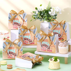 25 Sets Baby Shower Favor Bags with Handles and Bows Boho Sun Design for Party Decorations Goodie Bags