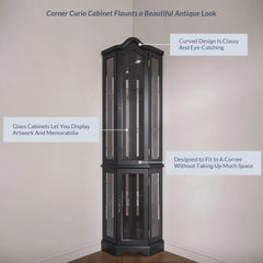 Lighted 3-Side Glass Display Curio Cabinet w/Tempered Glass Doors and Shelves, Curved Wood Corner Cabinet with Bulb, Corner S