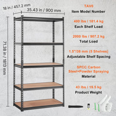 5-Tier Adjustable Heavy Duty Metal Storage Shelf, 2000 lbs 36"×18"×72" Black Rack for Garage Kitchen Basement Laundry