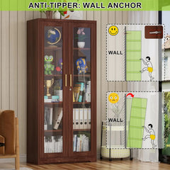 Display Cabinet with Glass Doors, Curio Cabinets with Locking Doors, Metal Storage Cabinet for Kitchen,Living Room 71” H, As