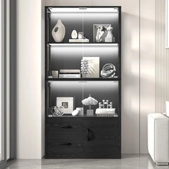Display Cabinet with Glass Doors, 4-Tier Display Case with 3-Color Lights & Human Body Sensor, Storage Cabinets with 3 Shelve